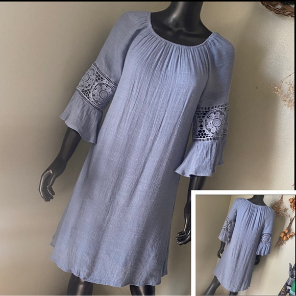 indigo Rose Dresses & Skirts - INDIGO ROSE Chic Light Blue Dress with Crochet Sleeves